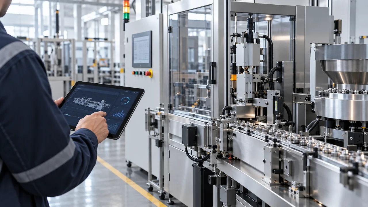 Otomasyon hattında tabletle teknik inceleme yapan mühendis